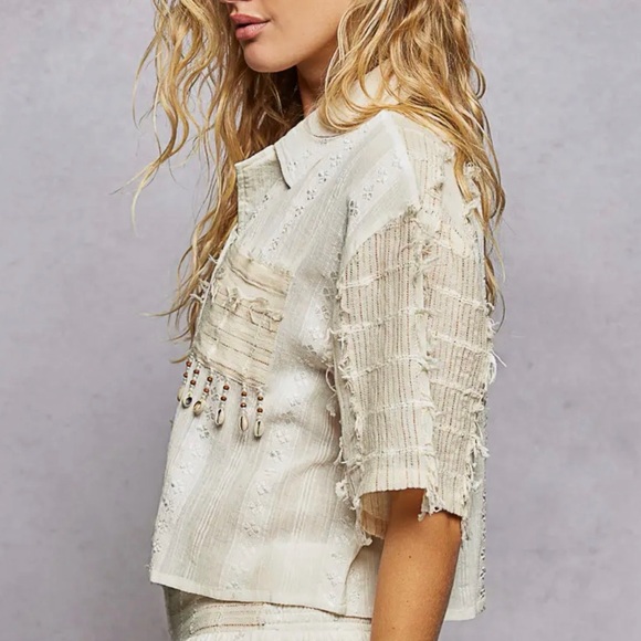 POL- Boho Woven Texture Oversized Shirt Top S-L - Picture 3 of 6